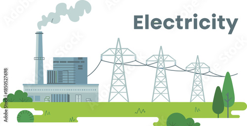 Electricity generation illustration with power plant transmission towers electrical grid green landscape energy distribution industrial infrastructure vector design