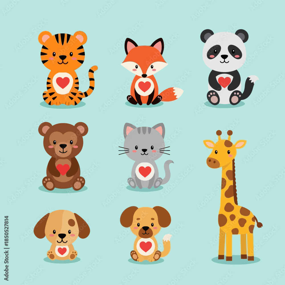 Obraz premium Collection of Adorable Cartoon Animals with Heart Emblems.