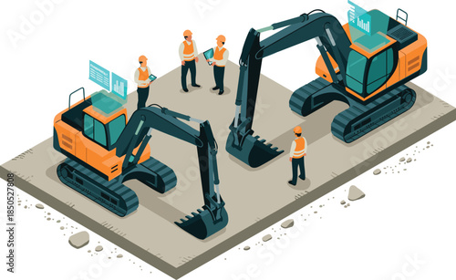 Isometric construction site illustration with excavators workers digital planning construction technology heavy machinery industrial engineering concept isolated