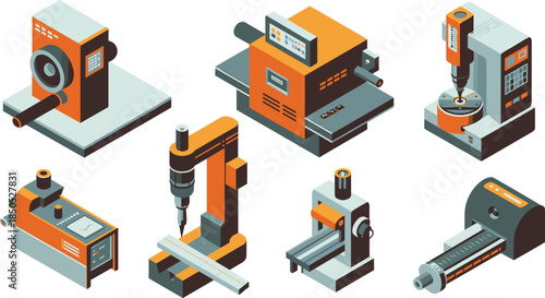 Isometric industrial machinery and precision measuring equipment set with CNC machine microscope digital tools manufacturing technology illustration isolated