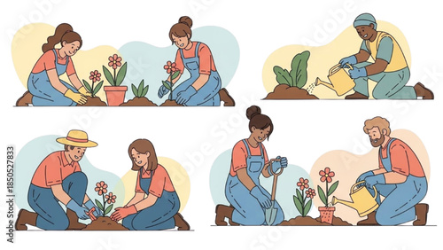Illustration of Young Adults Gardening