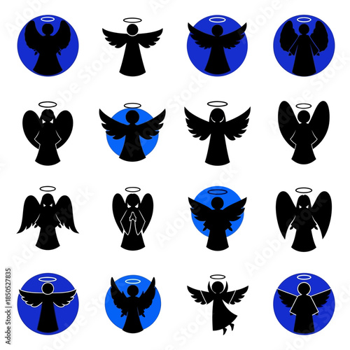 Collection of Angel Silhouettes with Halos in Various Poses.