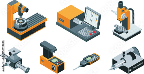 Isometric industrial machinery and precision measuring equipment set with CNC machine microscope digital tools manufacturing technology illustration isolated