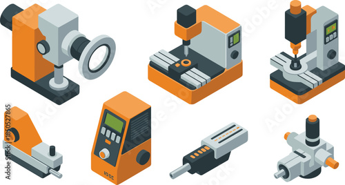 Isometric industrial machinery and precision measuring equipment set with CNC machine microscope digital tools manufacturing technology illustration isolated