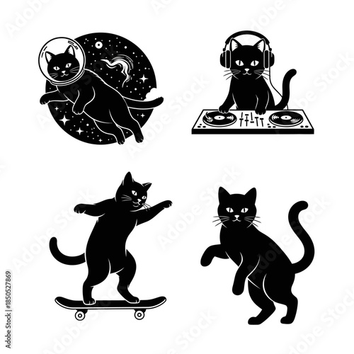 Collection of Black Cats in Various Poses and Activities.