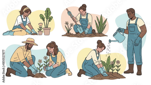 Illustration of Young Adults Gardening