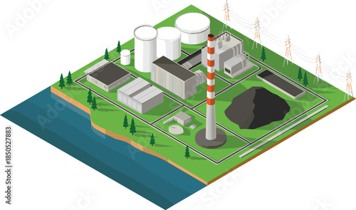 Isometric industrial power plant illustration with factory buildings smokestack storage tanks energy infrastructure landscape isolated vector design