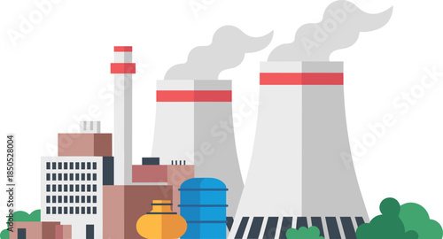Minimalist industrial factory illustration with power plant cooling towers smoke pipelines energy production manufacturing facility isolated background