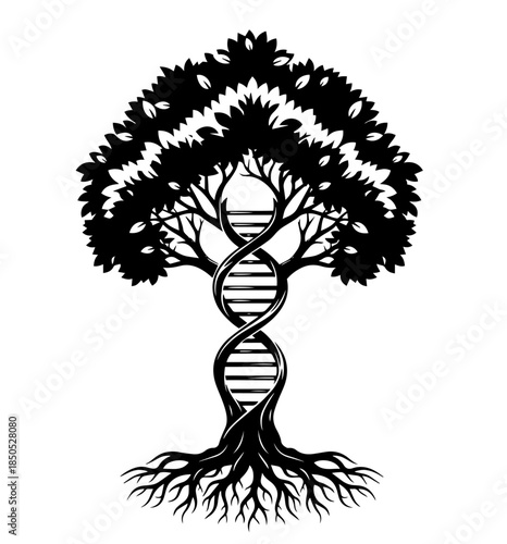This intricate black-and-white illustration merges nature and science, depicting a tree with a trunk twisted into a DNA double helix that connects sprawling roots to a dense canopy