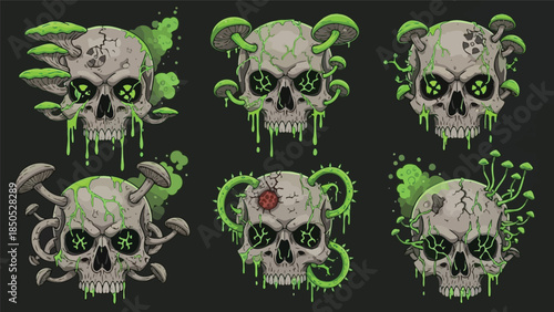 Collection of six green glowing skulls with various designs on a black background, with a dark and eerie mood.