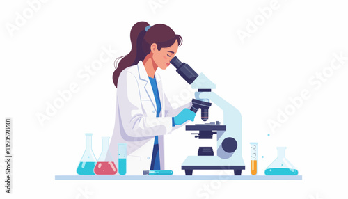 Scientist Conducting Experiment in Laboratory Setting with Various Equipment and Microscope