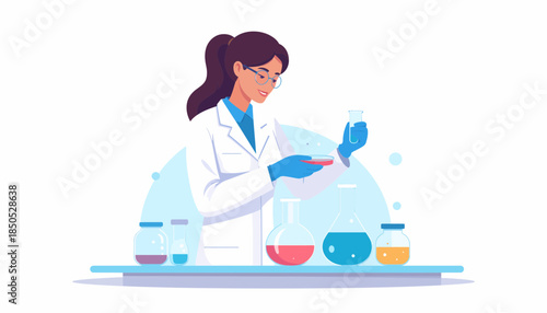 Scientist Conducting Experiment in Laboratory with Various Chemicals and Equipment