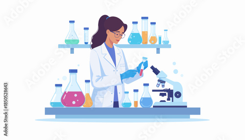 Scientist Conducting Research in a Laboratory Setting with Various Equipment and Specimens
