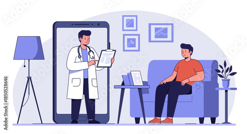 Doctor consulting patient remotely on a large smartphone screen in a modern living room