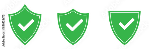Shield check mark icon with thin line and flat web symbol on white background