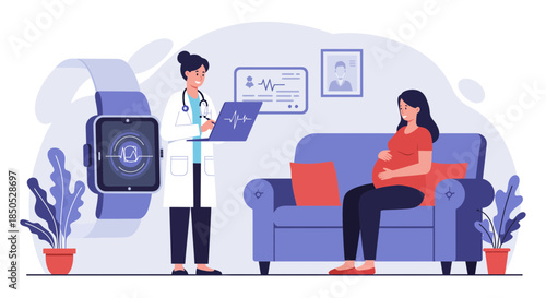 Doctor consulting with pregnant woman on couch in a modern living room setting