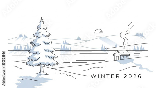 Snowy landscape with a house and pine tree in winter scenery