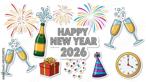 Happy new year 2026 celebration with champagne, fireworks, gift, clock striking midnight, party