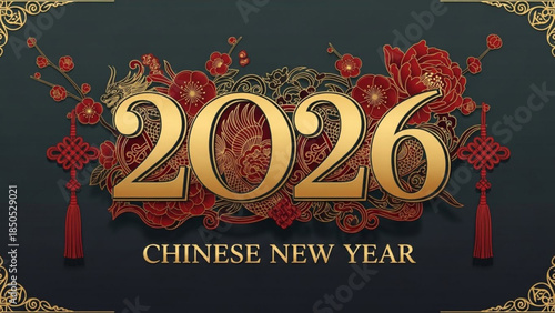 Vibrant 2026 chinese new year celebration design with red flowers and gold accents on dark