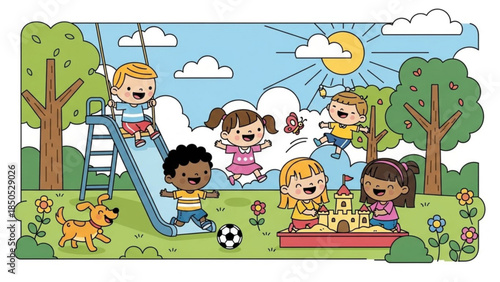 Children playing on a sunny day at the park with a dog and sandcastle