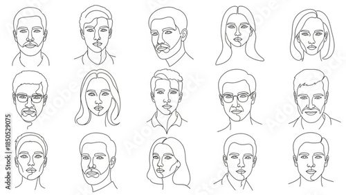 Collection of diverse hand drawn people faces in line art style for graphic design