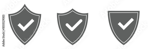 Shield check mark icon with thin line and flat web symbol on white background