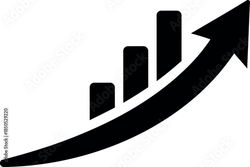 A black and white image of a bar graph with an upward trending arrow