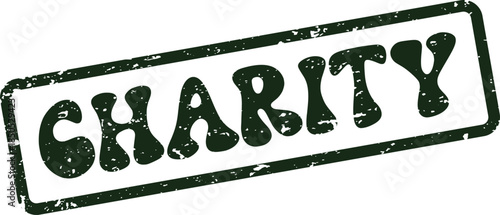 A textured green rubber stamp displaying the impactful word CHARITY for philanthropic initiatives