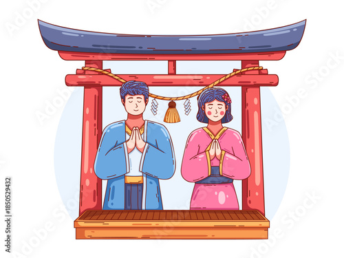 japanese man and woman dressed in traditional Japanese attire kimono praying at a Shinto shrine with a red torii gate in background. ideal for themes related to culture, religion, tradition japan