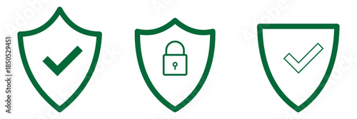 Set of security shield icons, security shields logotypes with check mark and padlock. Security shield symbols. Vector illustration.