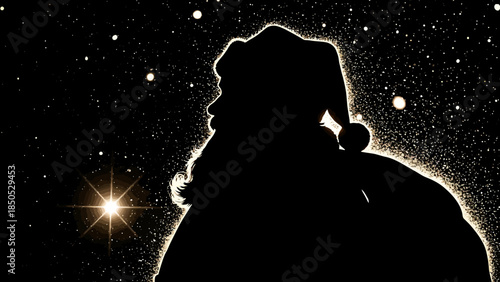 Santa Claus silhouette against starry night sky.