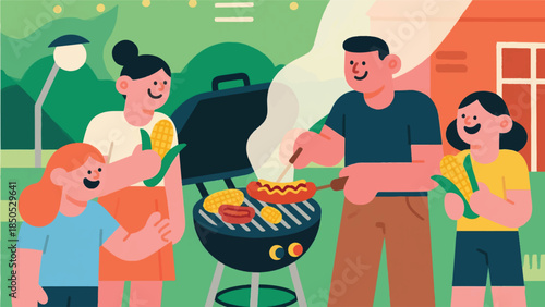 Illustration Of Family Gathered Around A Gas Grill, With One Person Tending To Hot Dogs And Corn On The Cob Vector Design Template