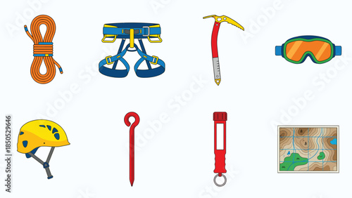 Vector Set of Mountain Climbing and Mountaineering Gear Essentials Rope Harness Ice Axe Goggles Helmet Carabiner Map