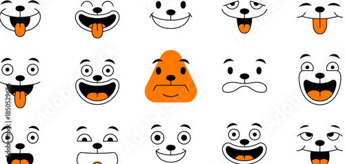 Collection of playful cartoon dog faces showing various funny expressions and tongues for children, stickers, comics, animation, games, digital design, greeting cards, and creative illustration projec