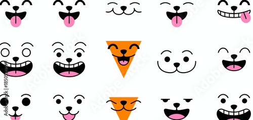 Collection of playful cartoon dog faces showing various funny expressions and tongues for children, stickers, comics, animation, games, digital design, greeting cards, and creative illustration projec