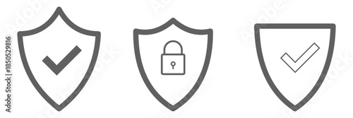 Set of security shield icons, security shields logotypes with check mark and padlock. Security shield symbols. Vector illustration.