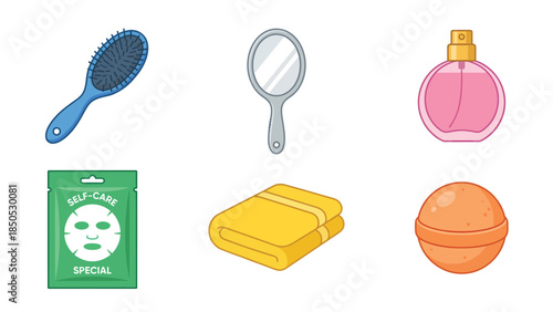 A collection of beauty and self care items for a relaxing pamper session including a hairbrush hand mirror perfume bottle face mask folded towel and bath bomb