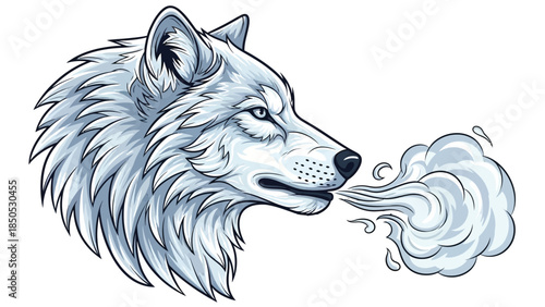 Illustration of a wolf's head with icy breath on a white background, showcasing blue and white fur with detailed whiskers.