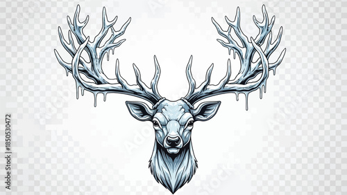 Illustration of a deer head with large antlers in shades of blue and gray against a transparent background.