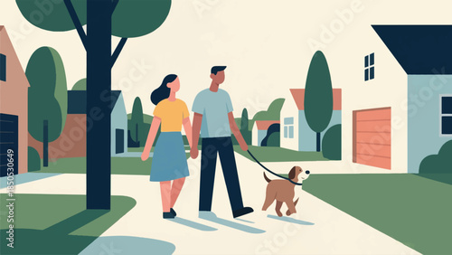 Illustration Of Family Walking Their Dog On A Leash Through A Neighborhood Vector Design Template