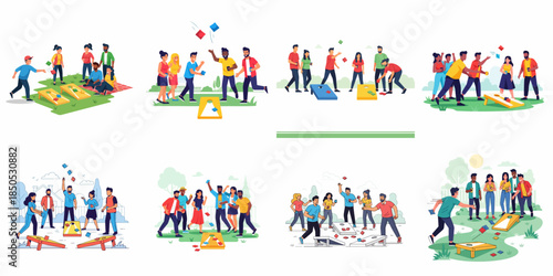 Eight vector illustrations showing diverse groups of young adults playing Cornhole (bean bag toss) outdoors, enjoying fun casual backyard or park parties.