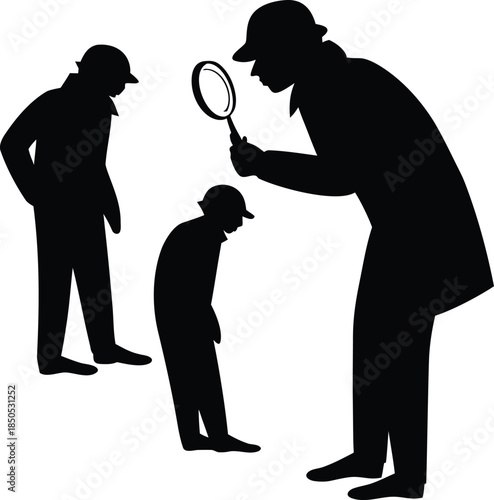 Investigative Team of Detectives Examining Footprints and Clues with Magnifying Glass at Crime Scene