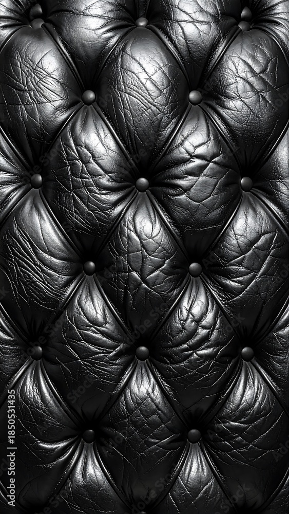 Fototapeta premium Glossy, black, quilted leather texture with buttoned tufts fills the frame in high detail