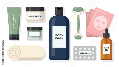 Flat lay of modern skincare beauty and wellness products for a healthy routine sunscreen moisturizer body wash face roller sheet masks hair oil and vitamins