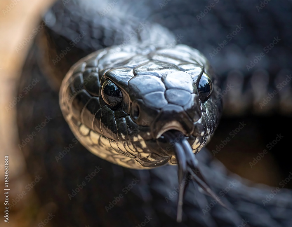 Fototapeta premium Glossy black snake close up headshot with forked tongue flicking out