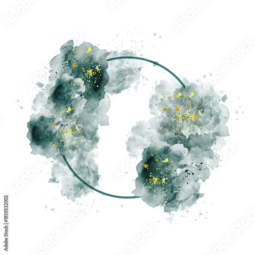 Abstract Watercolor Wreath with Gold Glitter Accents on a White Background