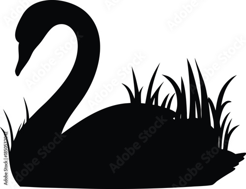 Majestic black silhouette of a swan sitting peacefully in a field of tall green grass