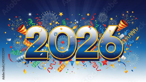 Happy New Year 2026 celebration with fireworks confetti and party poppers a festive background for seasonal greetings and event promotion