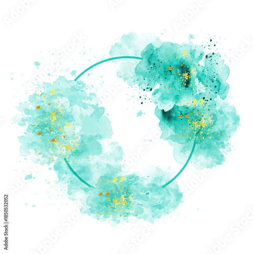 Elegant round frame with artistic teal watercolor texture and golden glitter, perfect for invitations and creative designs