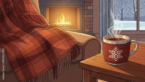 Cozy winter scene with a warm fireplace plaid blanket and steaming mug of hot chocolate perfect for holiday and seasonal concepts